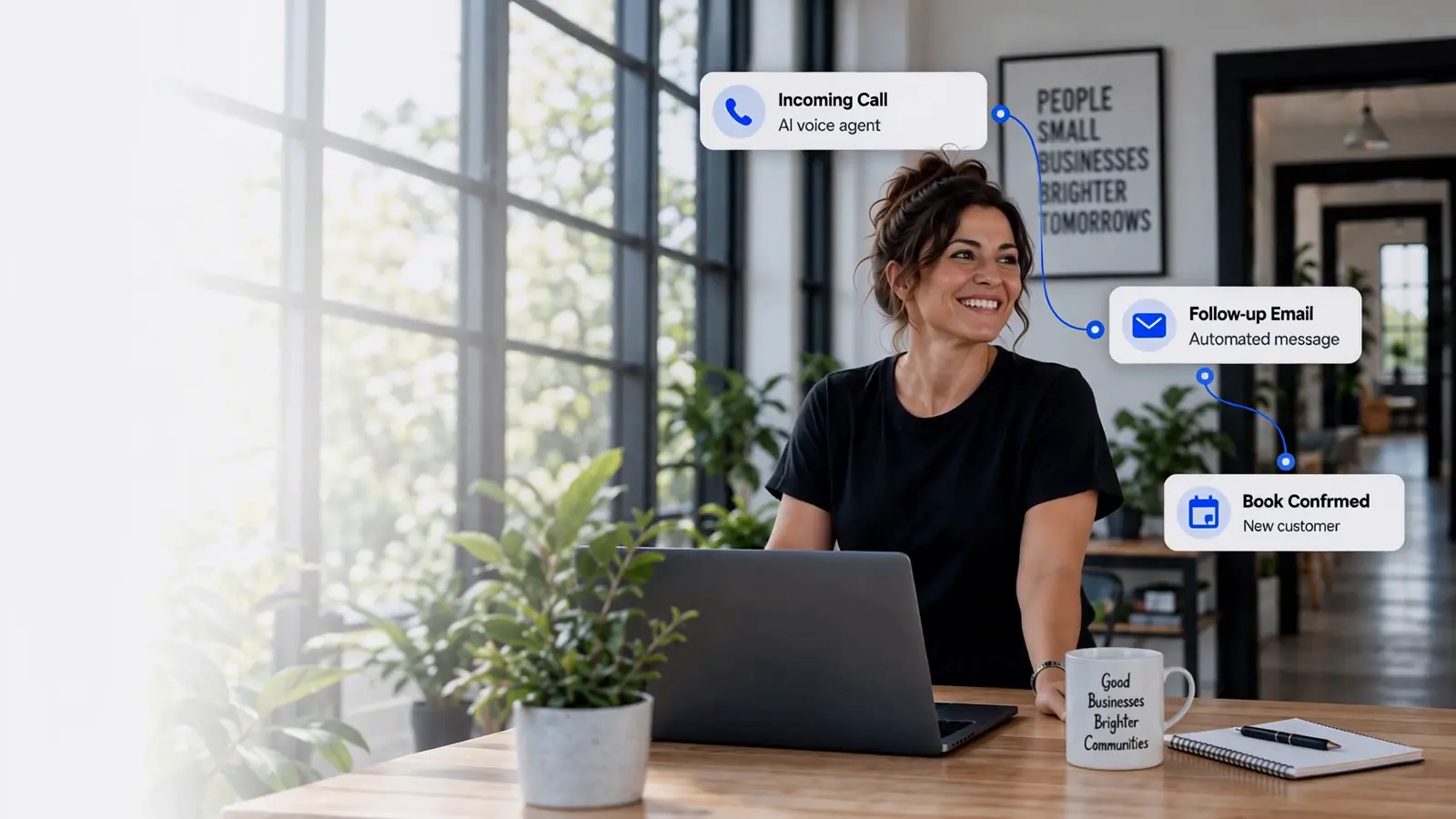 A business owner with more time to focus, illustrated through the hero animation
